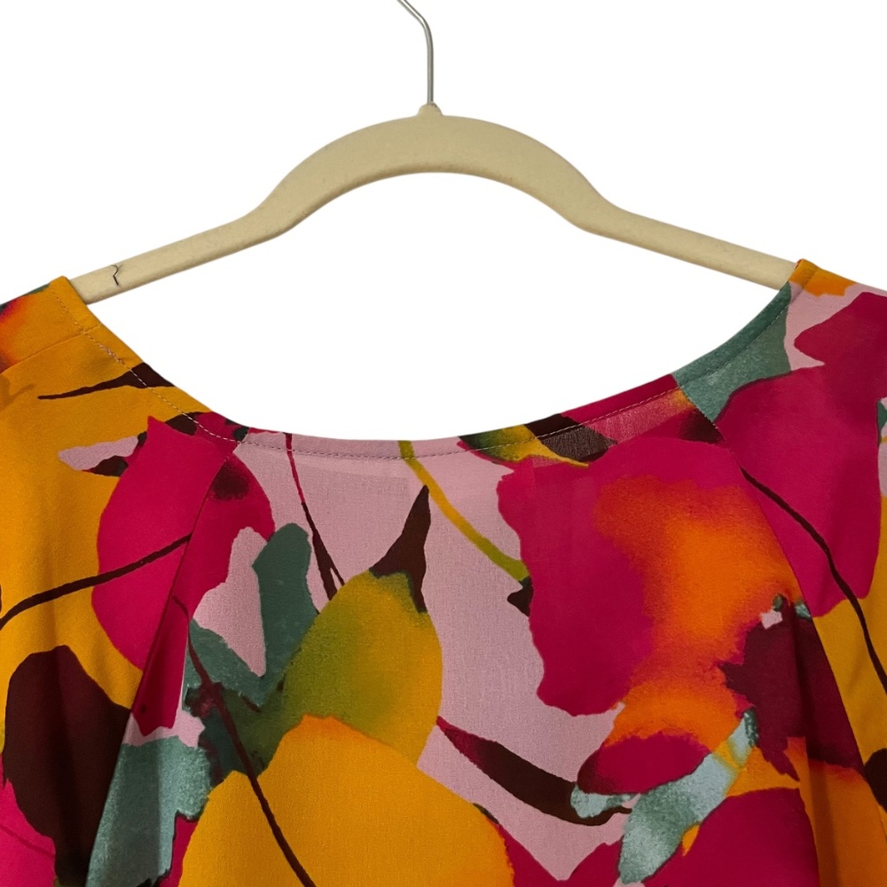 J Jill Christian Siriano Pink Floral Blouse Medium Petite Long Sleeves Abstract - Picture 7 of 11